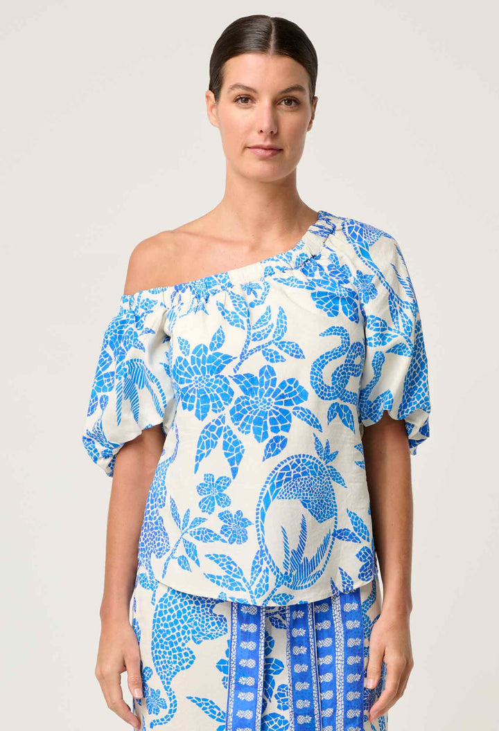 Once Was | Juno Viscose One Shoulder Top | Azure Mosaic