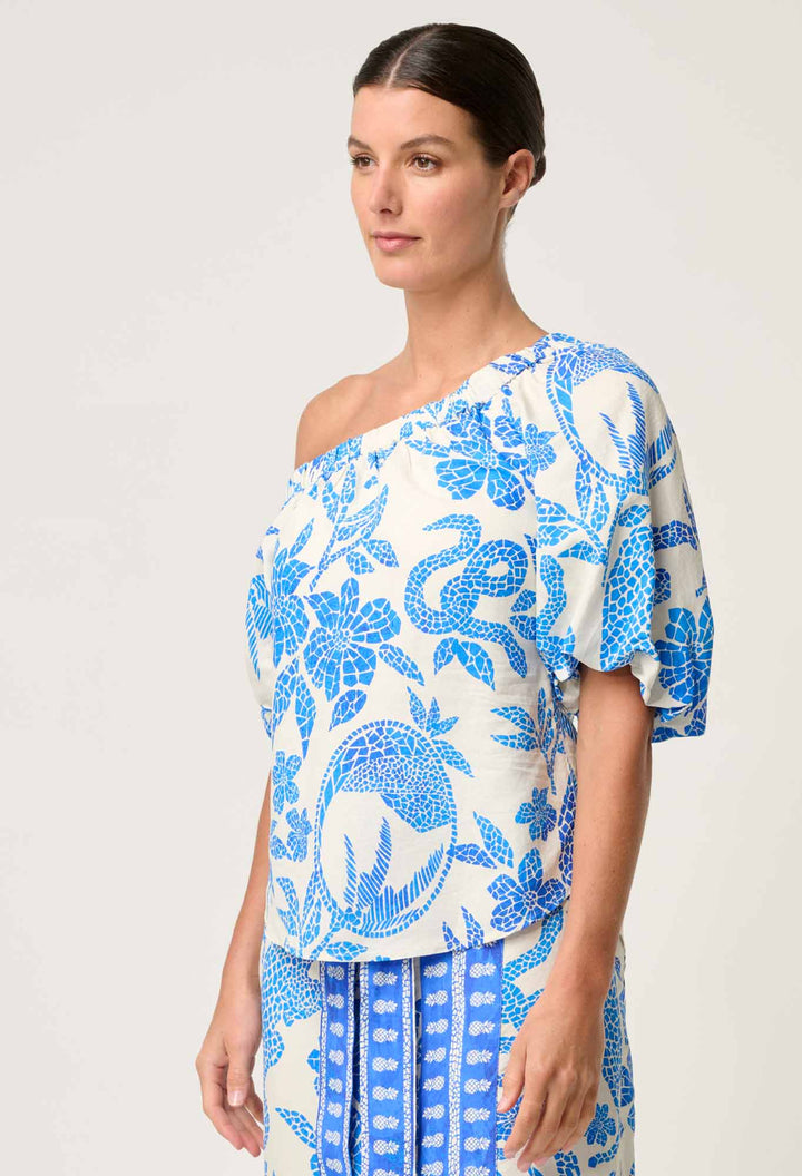 Once Was | Juno Viscose One Shoulder Top | Azure Mosaic