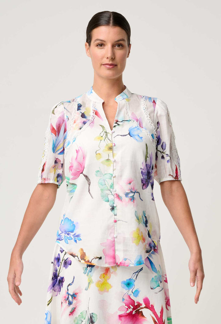 Once Was | Thalia Lace Cotton Slub Shirt | Plume Blossom