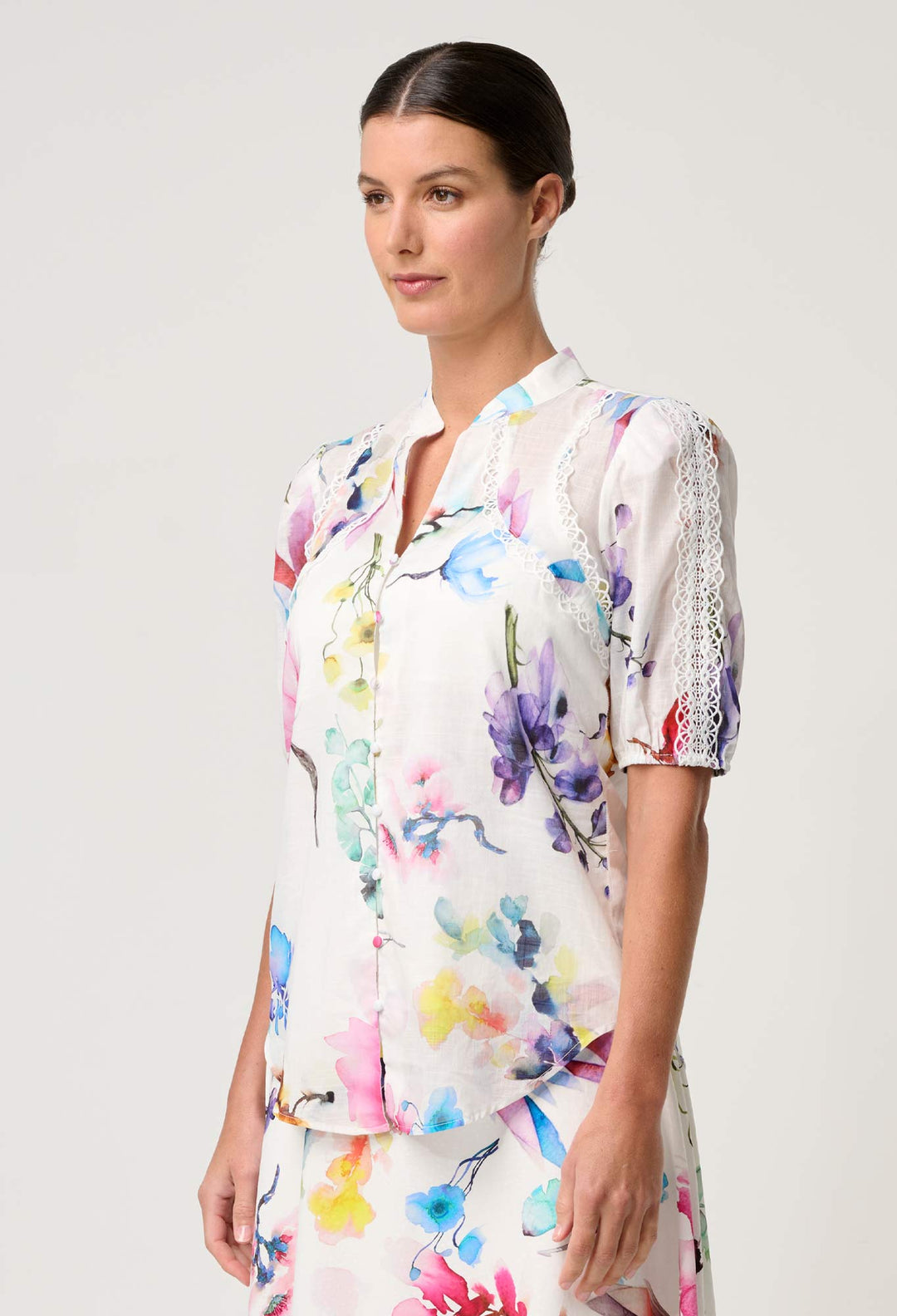 Once Was | Thalia Lace Cotton Slub Shirt | Plume Blossom