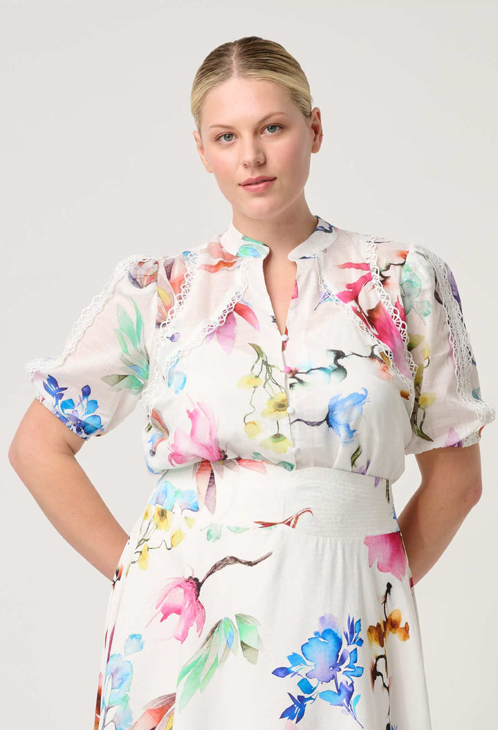Once Was | Thalia Lace Cotton Slub Shirt | Plume Blossom