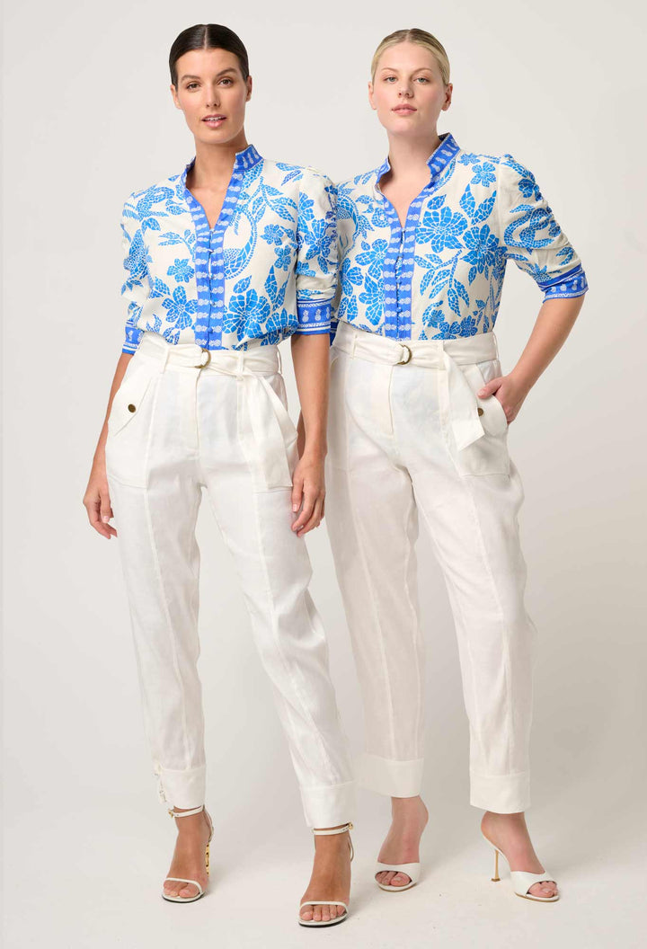 Once Was | Calantha Viscose Dobby Ruched Sleeve Shirt | Azure Mosaic