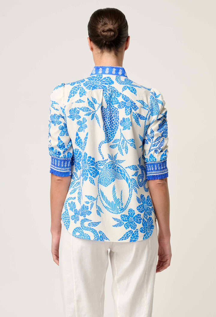 Once Was | Calantha Viscose Dobby Ruched Sleeve Shirt | Azure Mosaic