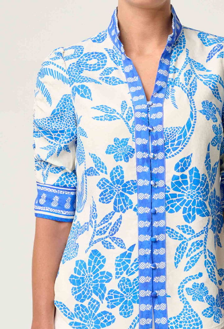 Once Was | Calantha Viscose Dobby Ruched Sleeve Shirt | Azure Mosaic