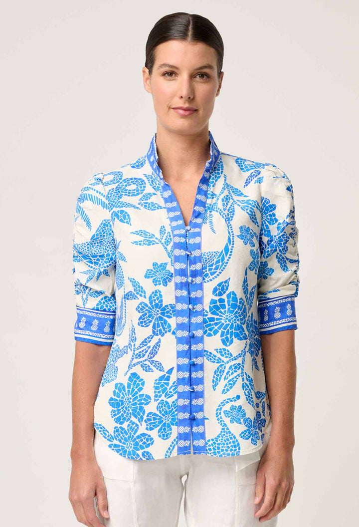 Once Was | Calantha Viscose Dobby Ruched Sleeve Shirt | Azure Mosaic