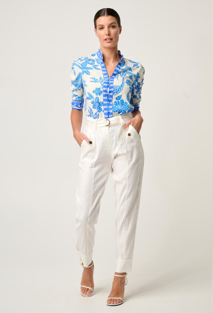 Once Was | Calantha Viscose Dobby Ruched Sleeve Shirt | Azure Mosaic