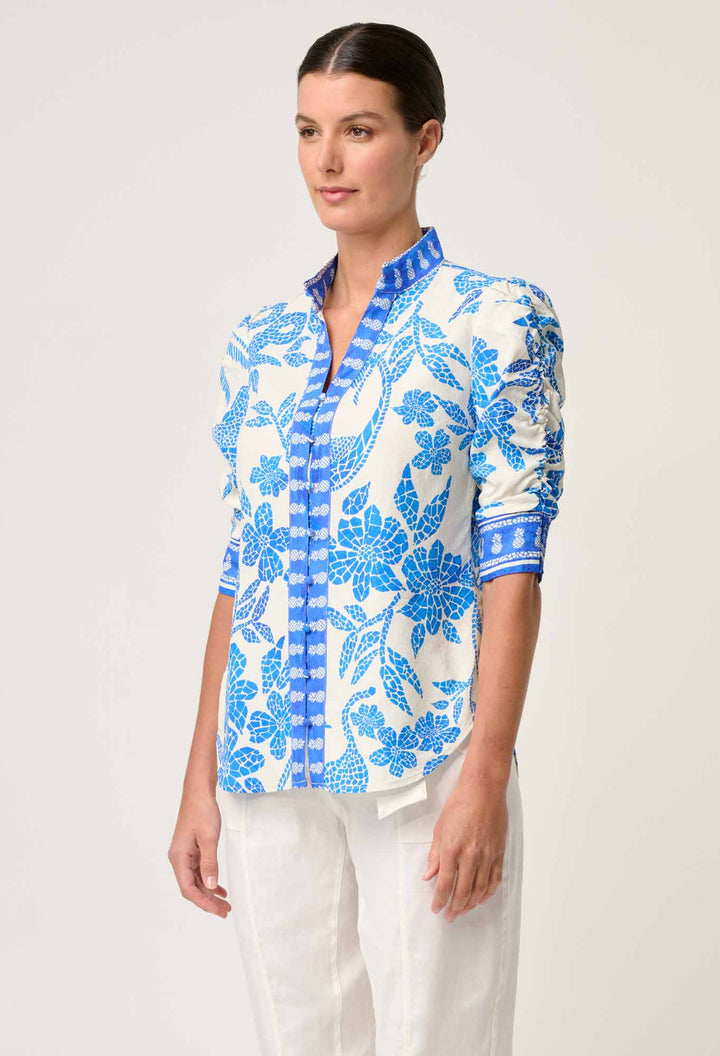 Once Was | Calantha Viscose Dobby Ruched Sleeve Shirt | Azure Mosaic