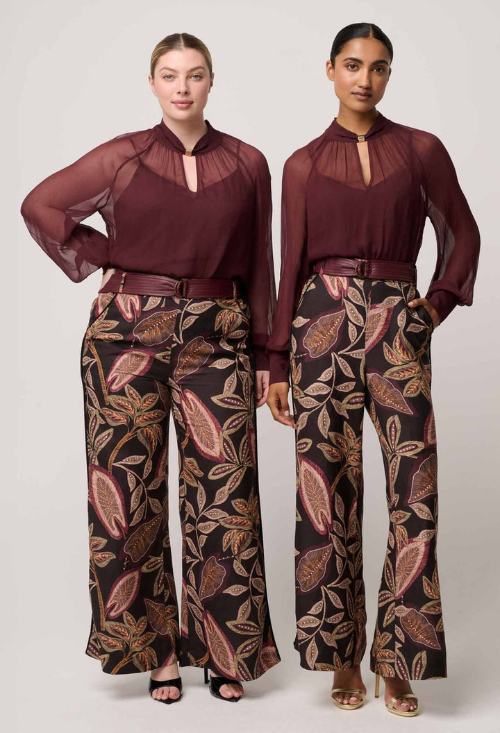Once Was | Simona Sheer Viscose Gold Detail Blouse | Bordeaux - Dutch Hideout