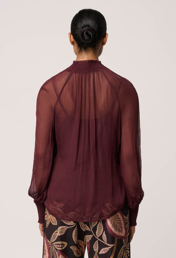 Once Was | Simona Sheer Viscose Gold Detail Blouse | Bordeaux - Dutch Hideout