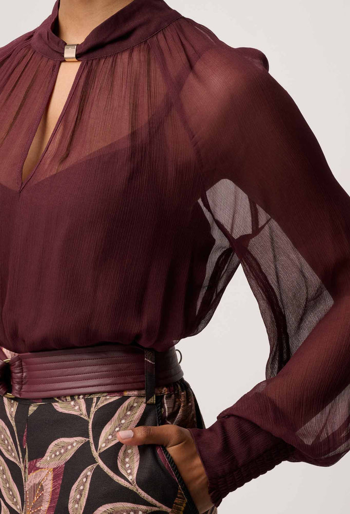 Once Was | Simona Sheer Viscose Gold Detail Blouse | Bordeaux - Dutch Hideout