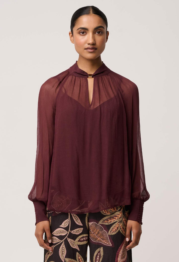 Once Was | Simona Sheer Viscose Gold Detail Blouse | Bordeaux - Dutch Hideout
