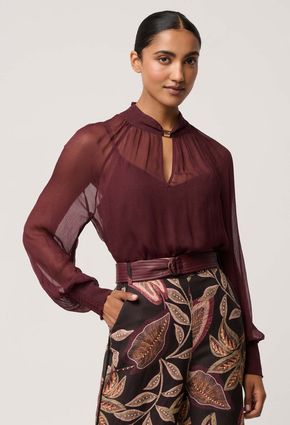 Once Was | Simona Sheer Viscose Gold Detail Blouse | Bordeaux - Dutch Hideout