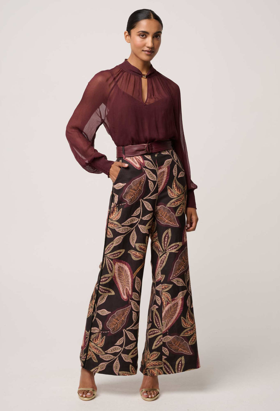Once Was | Simona Sheer Viscose Gold Detail Blouse | Bordeaux - Dutch Hideout