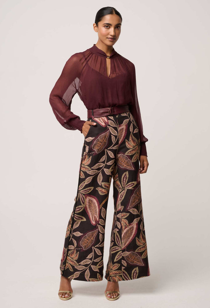 Once Was | Simona Sheer Viscose Gold Detail Blouse | Bordeaux - Dutch Hideout