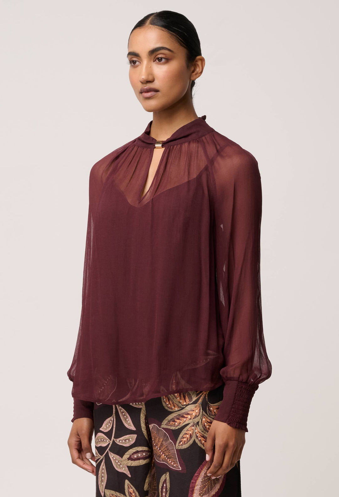 Once Was | Simona Sheer Viscose Gold Detail Blouse | Bordeaux - Dutch Hideout