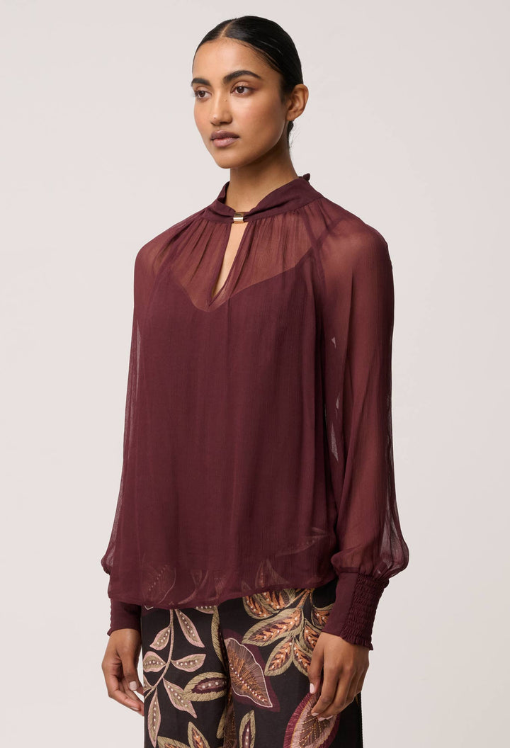 Once Was | Simona Sheer Viscose Gold Detail Blouse | Bordeaux - Dutch Hideout