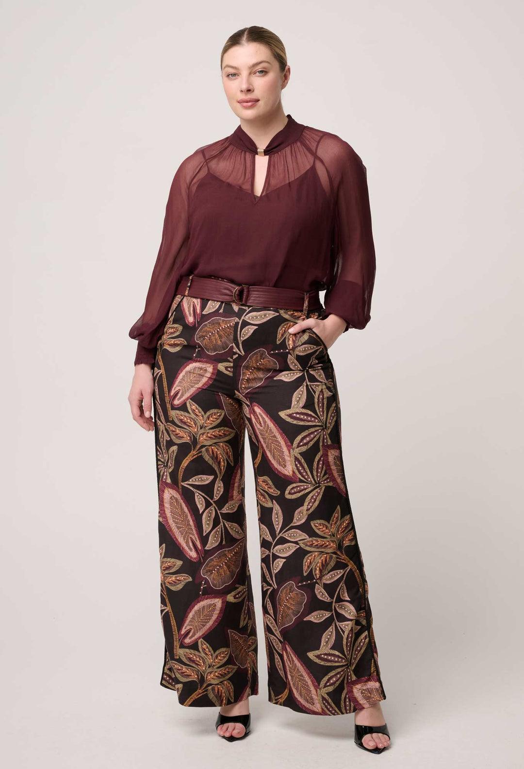 Once Was | Simona Sheer Viscose Gold Detail Blouse | Bordeaux - Dutch Hideout