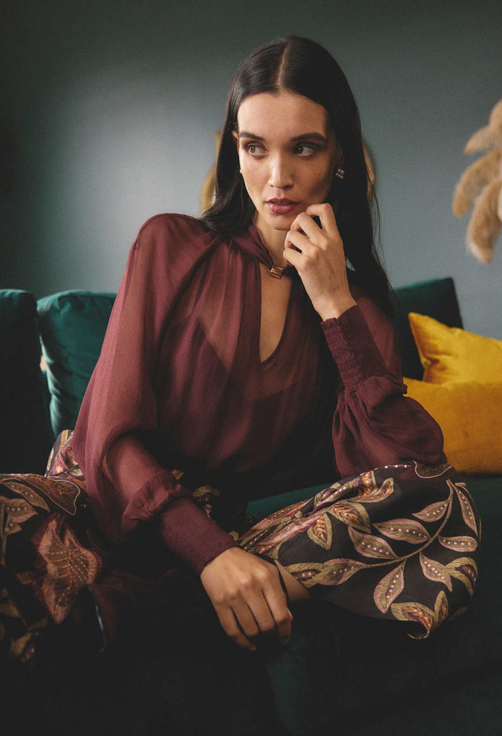 Once Was | Simona Sheer Viscose Gold Detail Blouse | Bordeaux - Dutch Hideout