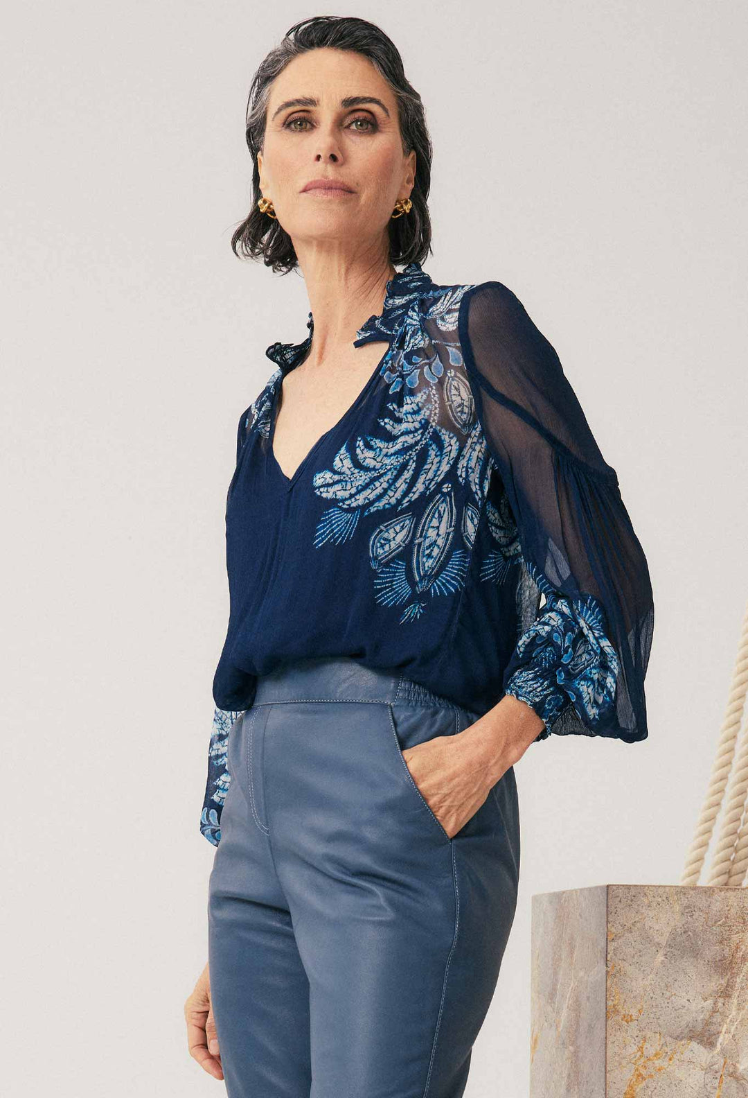 Once Was | Colette Viscose Chiffon Print Shirred Collar Blouse | Moonlight Batik - Dutch Hideout