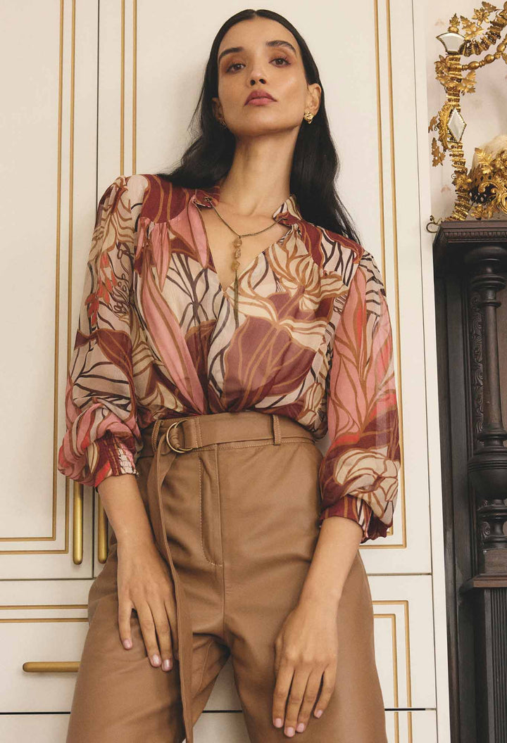Once Was | Freya Sheer Viscose Blouse with Embellished Neck Detail | Cathedral Botanic - Dutch Hideout