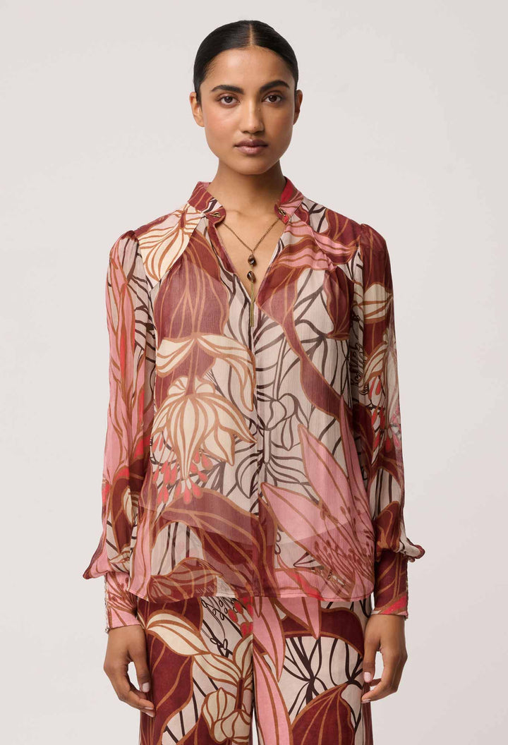 Once Was | Freya Sheer Viscose Blouse with Embellished Neck Detail | Cathedral Botanic - Dutch Hideout