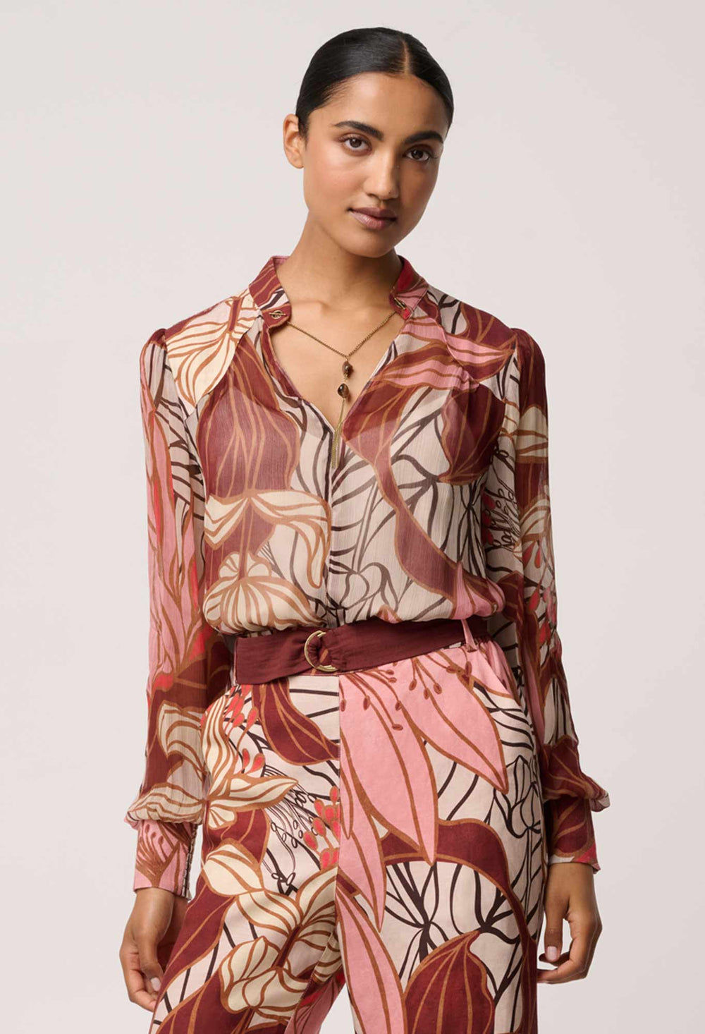 Once Was | Freya Sheer Viscose Blouse with Embellished Neck Detail | Cathedral Botanic - Dutch Hideout
