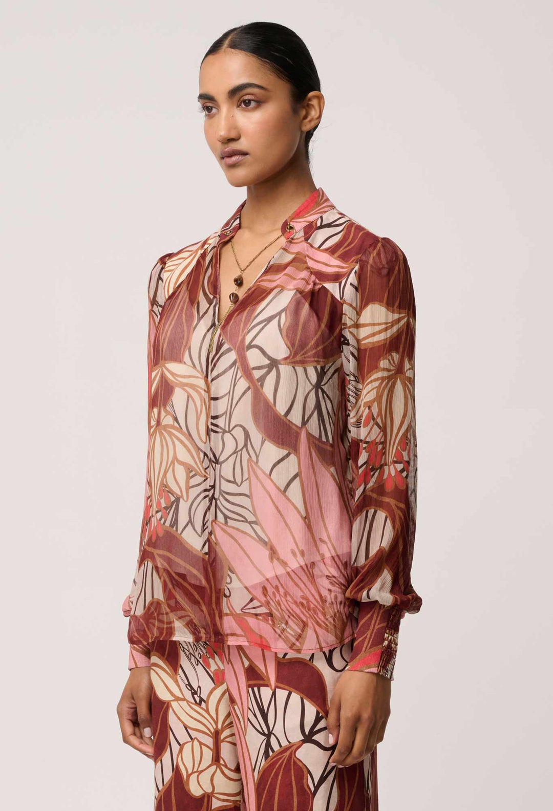 Once Was | Freya Sheer Viscose Blouse with Embellished Neck Detail | Cathedral Botanic - Dutch Hideout