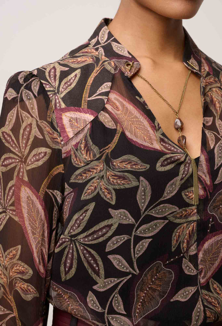 Once Was | Freya Sheer Viscose Blouse with Embellished Neck | Dark Tropique - Dutch Hideout