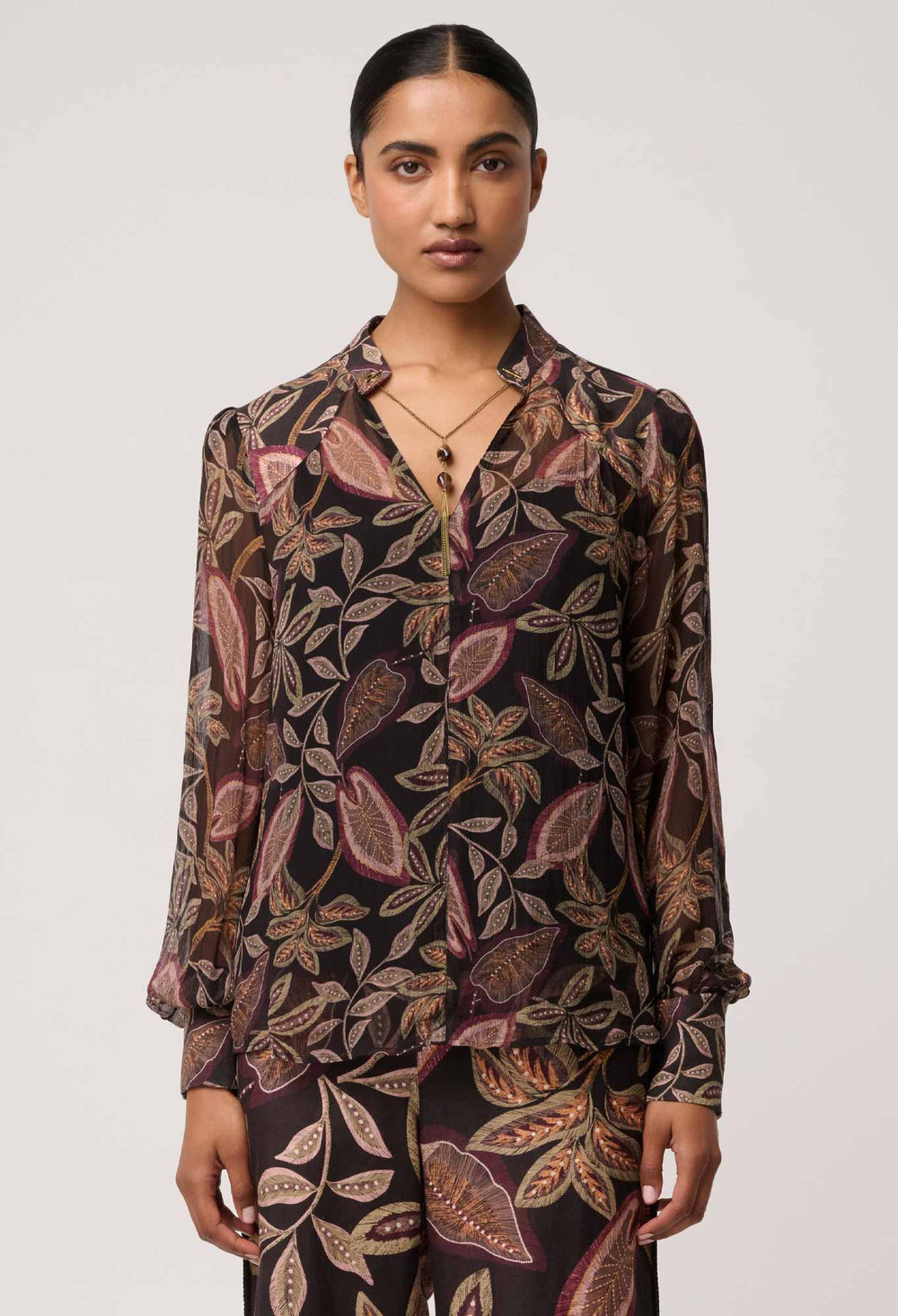 Once Was | Freya Sheer Viscose Blouse with Embellished Neck | Dark Tropique - Dutch Hideout