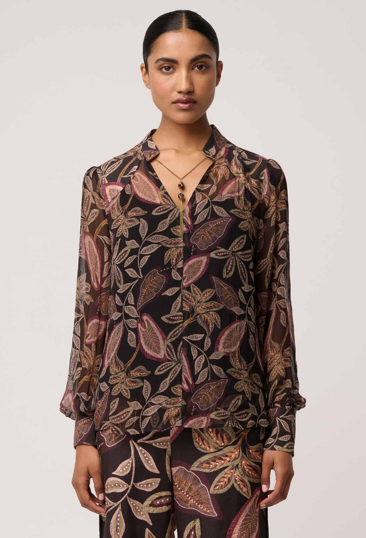 Once Was | Freya Sheer Viscose Blouse with Embellished Neck | Dark Tropique - Dutch Hideout