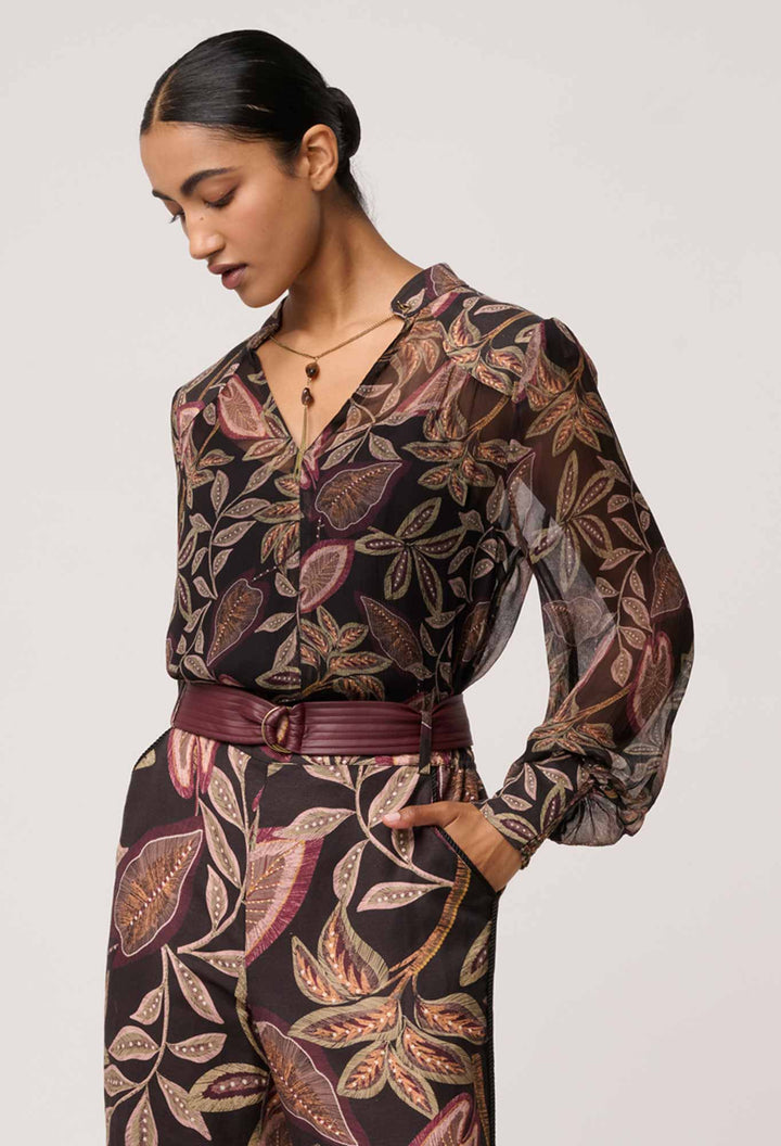 Once Was | Freya Sheer Viscose Blouse with Embellished Neck | Dark Tropique - Dutch Hideout