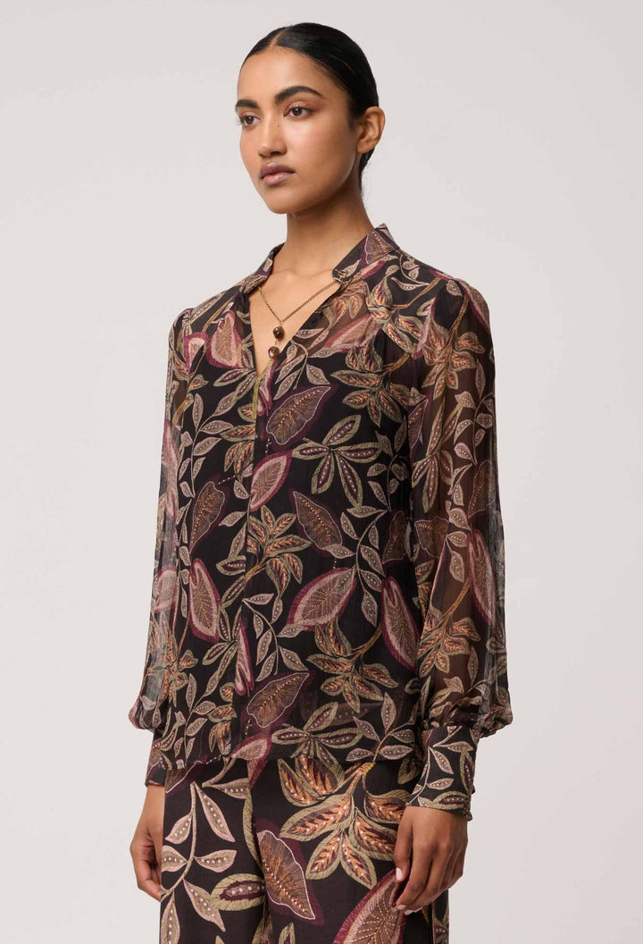 Once Was | Freya Sheer Viscose Blouse with Embellished Neck | Dark Tropique - Dutch Hideout