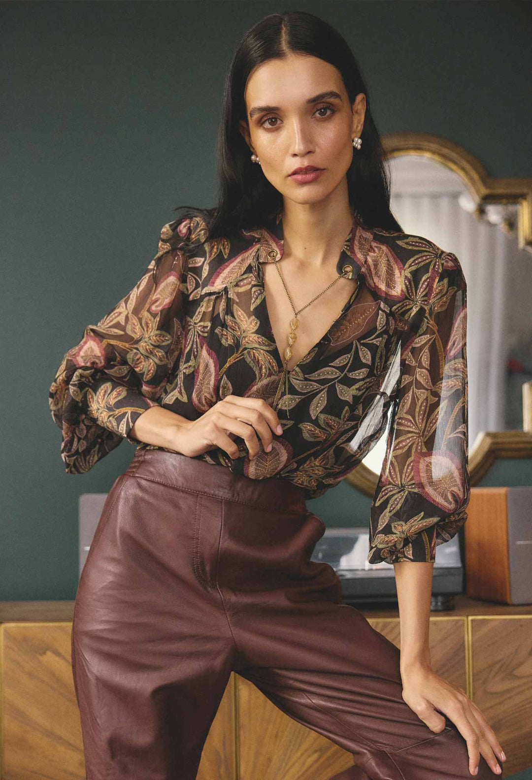 Once Was | Freya Sheer Viscose Blouse with Embellished Neck | Dark Tropique - Dutch Hideout