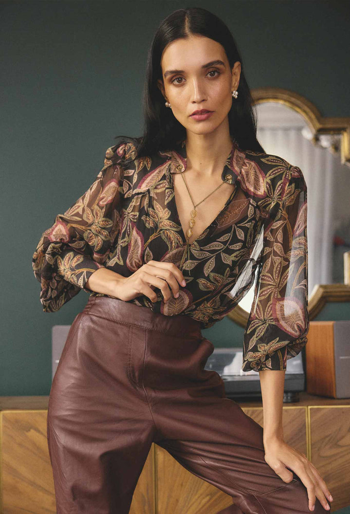 Once Was | Freya Sheer Viscose Blouse with Embellished Neck | Dark Tropique - Dutch Hideout