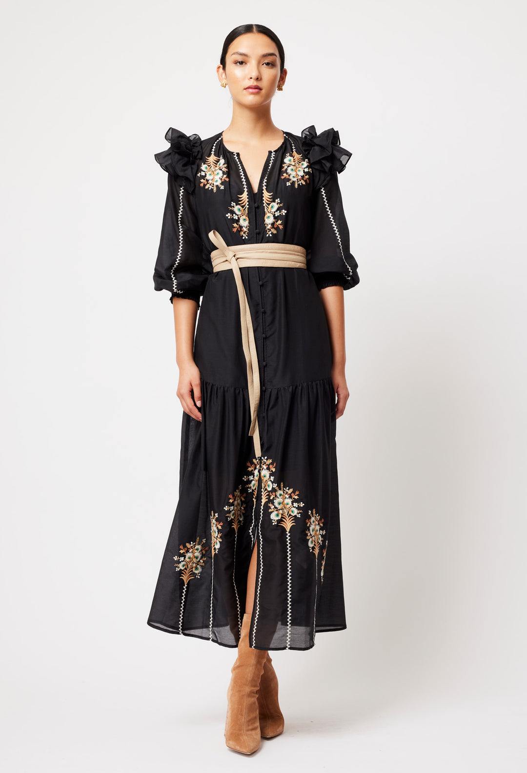 Once Was | Aquila Cotton Silk Embroidered Dress | Black
