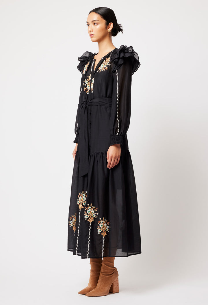 Once Was | Aquila Cotton Silk Embroidered Dress | Black