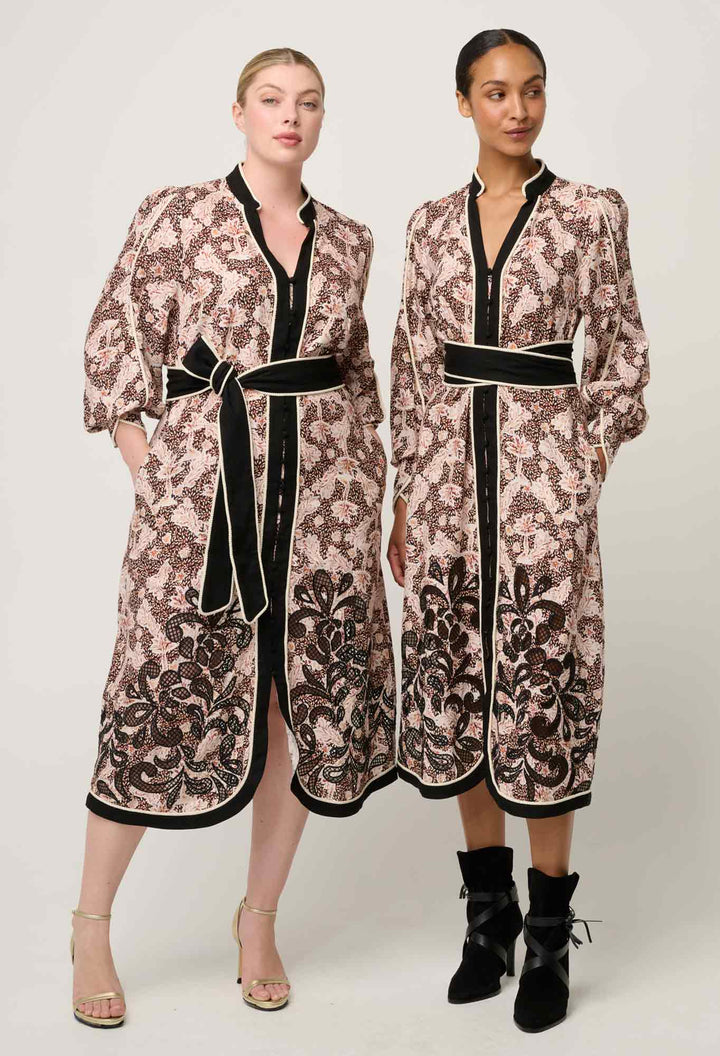 Once Was | Camille Viscose Linen Curved Hem Placement Embroidered Dress | Russet Palm - Dutch Hideout