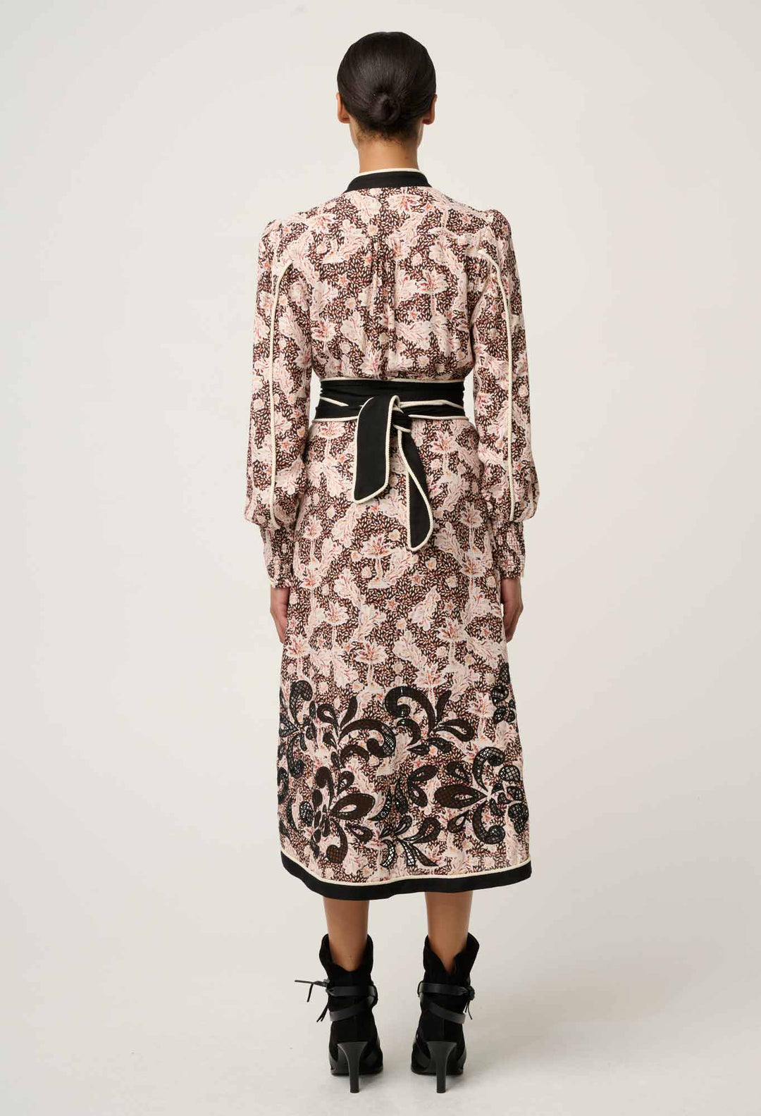 Once Was | Camille Viscose Linen Curved Hem Placement Embroidered Dress | Russet Palm - Dutch Hideout