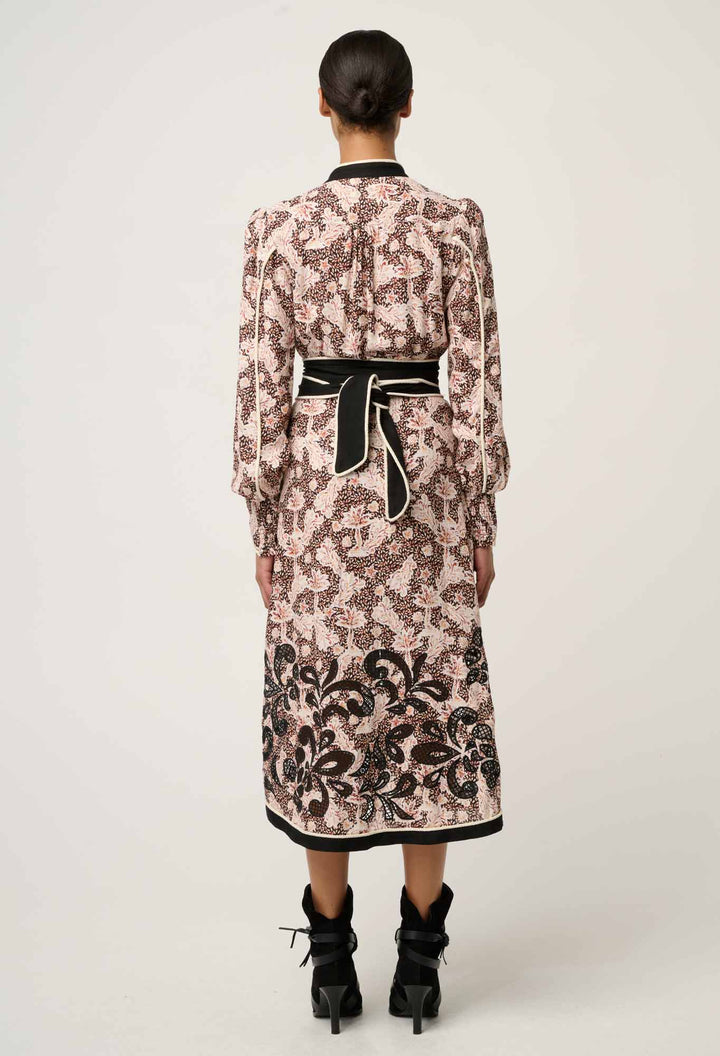 Once Was | Camille Viscose Linen Curved Hem Placement Embroidered Dress | Russet Palm - Dutch Hideout