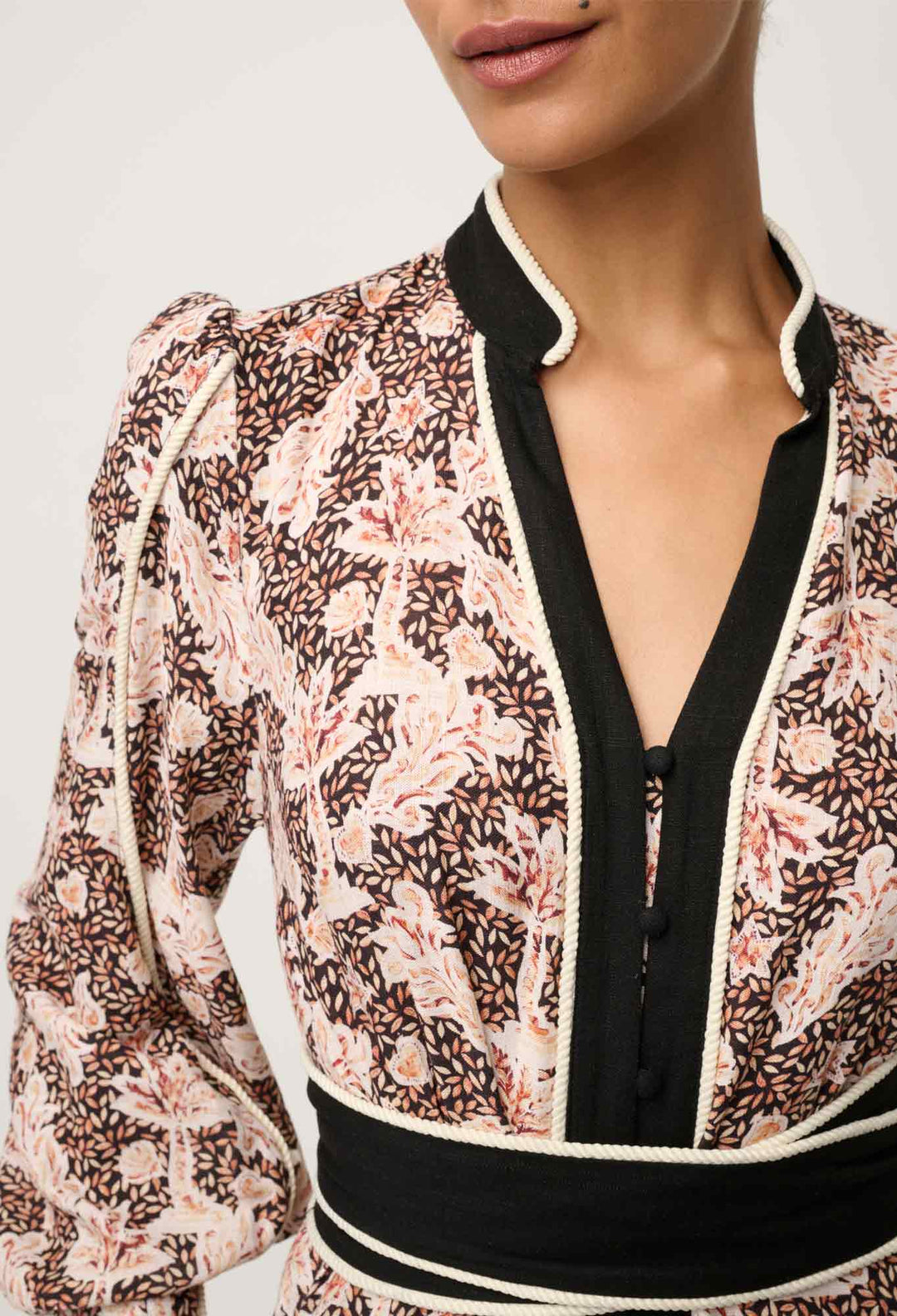 Once Was | Camille Viscose Linen Curved Hem Placement Embroidered Dress | Russet Palm - Dutch Hideout