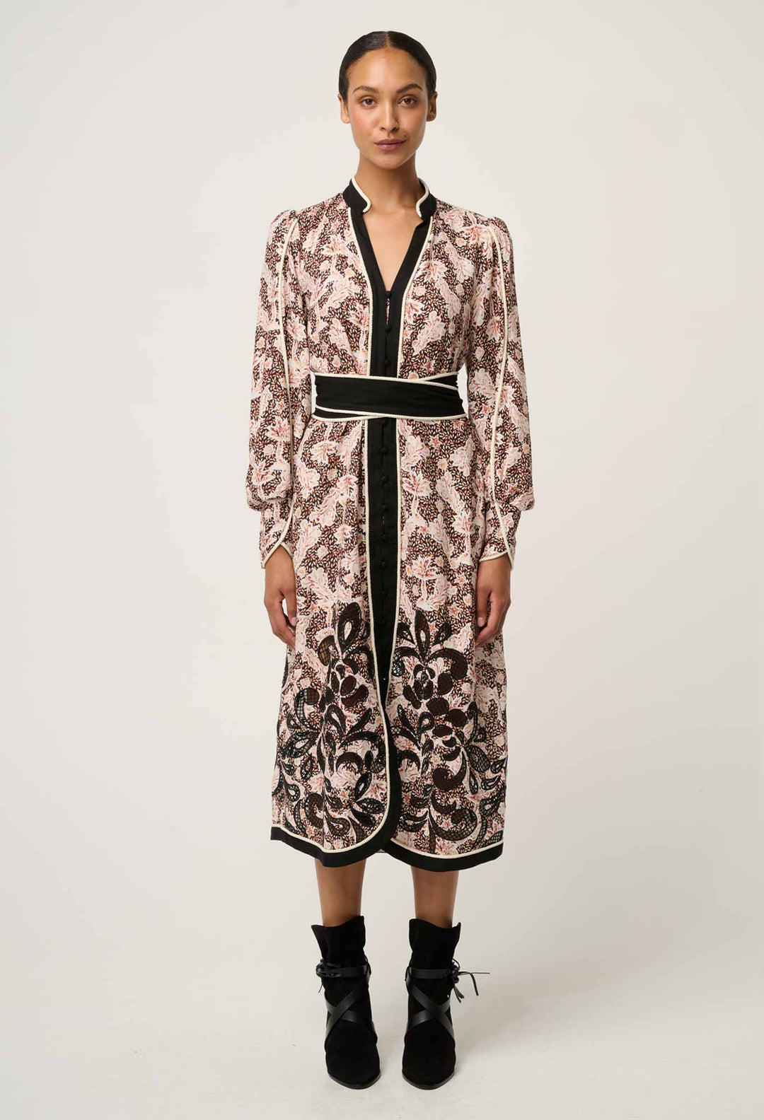 Once Was | Camille Viscose Linen Curved Hem Placement Embroidered Dress | Russet Palm - Dutch Hideout