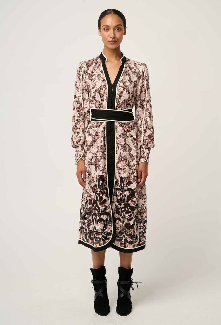 Once Was | Camille Viscose Linen Curved Hem Placement Embroidered Dress | Russet Palm - Dutch Hideout