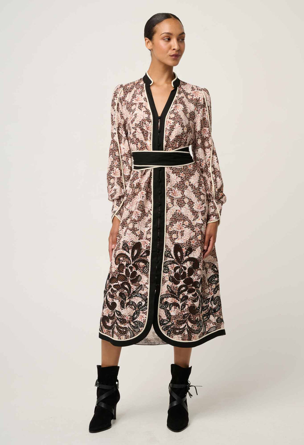 Once Was | Camille Viscose Linen Curved Hem Placement Embroidered Dress | Russet Palm - Dutch Hideout