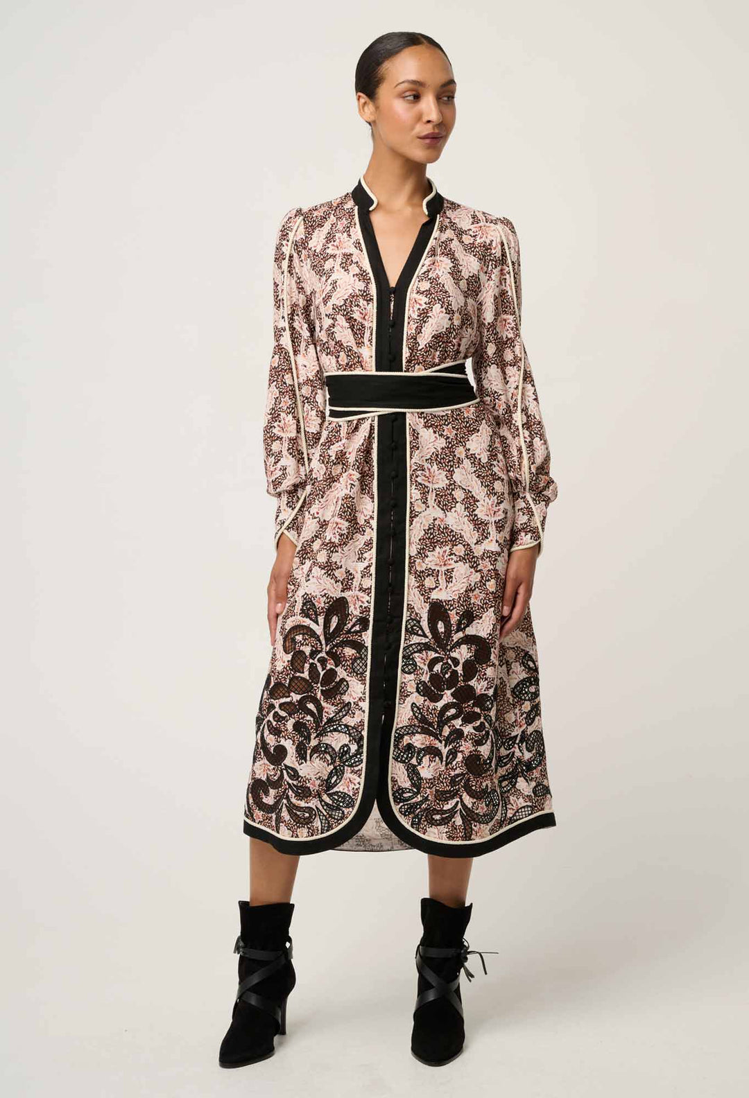 Once Was | Camille Viscose Linen Curved Hem Placement Embroidered Dress | Russet Palm - Dutch Hideout