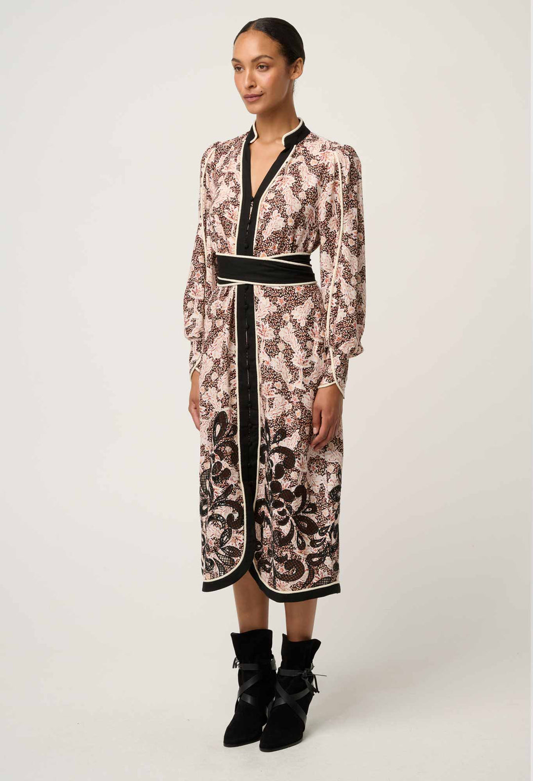 Once Was | Camille Viscose Linen Curved Hem Placement Embroidered Dress | Russet Palm - Dutch Hideout