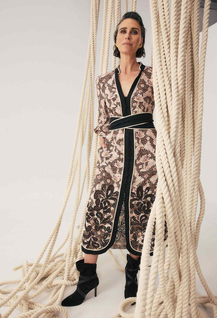 Once Was | Camille Viscose Linen Curved Hem Placement Embroidered Dress | Russet Palm - Dutch Hideout