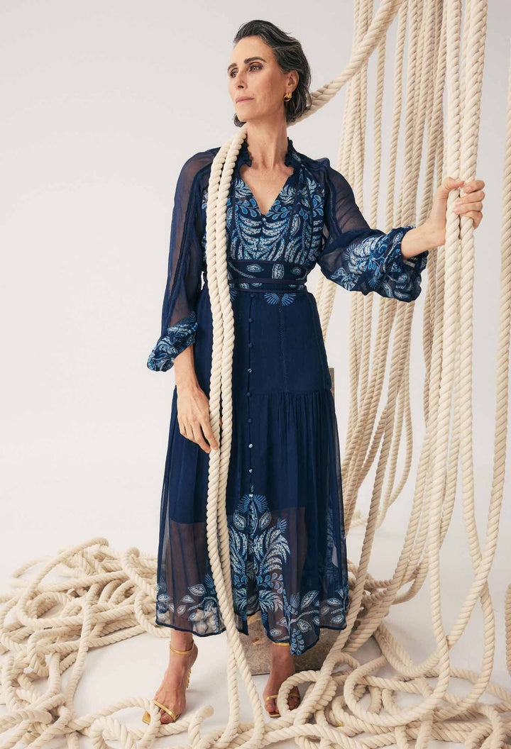 Once Was | Sloane Viscose Chiffon Print Midi Dress | Moonlight Batik - Dutch Hideout