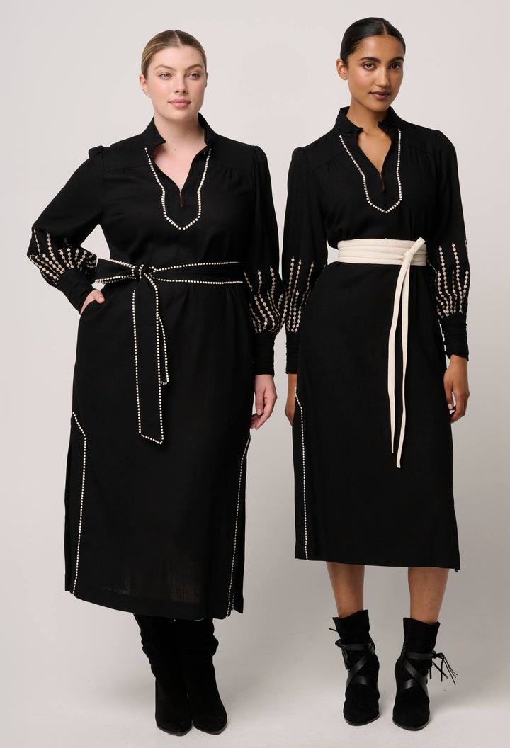 Once Was | Edith Linen Viscose Embroidered Midi Dress | Black