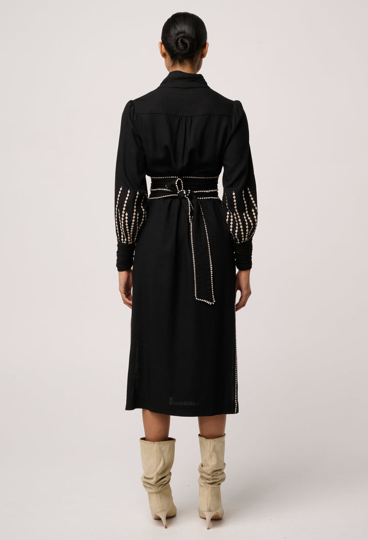 Once Was | Edith Linen Viscose Embroidered Midi Dress | Black