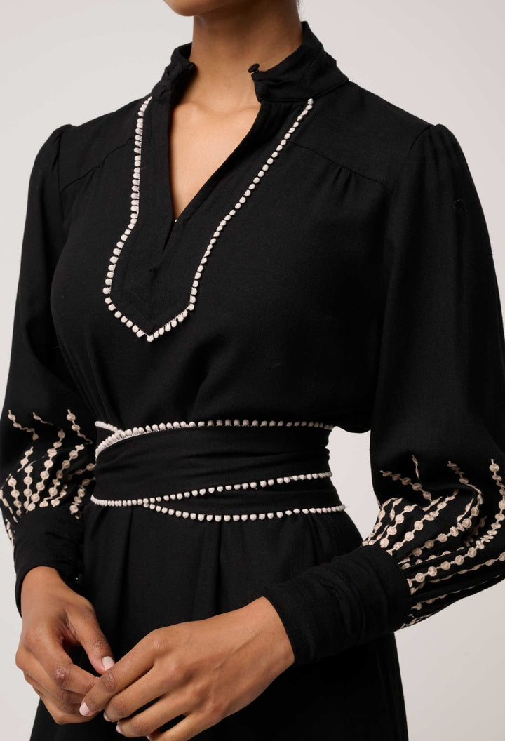 Once Was | Edith Linen Viscose Embroidered Midi Dress | Black